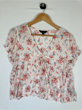 Floral Babydoll Crop Top Boho Peasant Blouse White M Cottagecore Coastal Summer